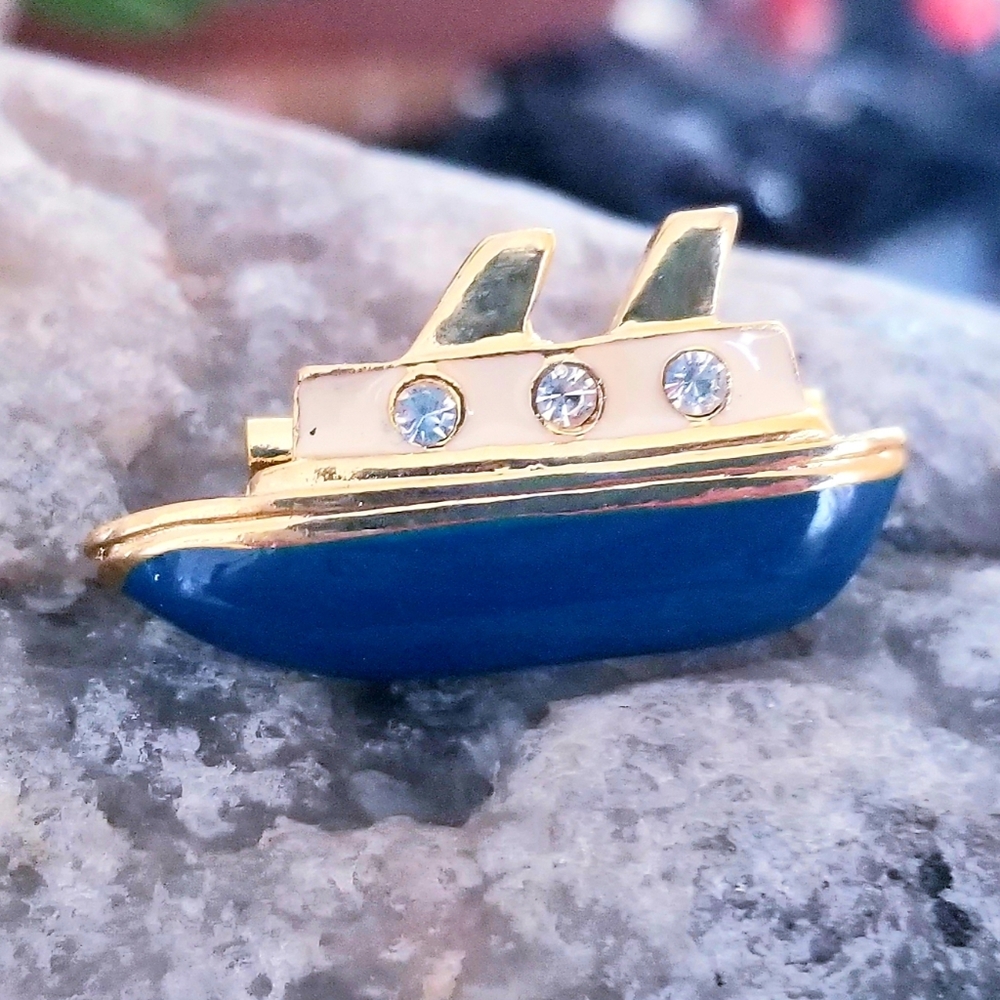 Vintage Ship Brooch Pin Rhinestone Accents Blue Gold Nautical Gift Cruise